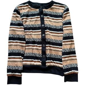 A176- Tan, brown & black striped button-up cardigan sweater #stripes #Vintage